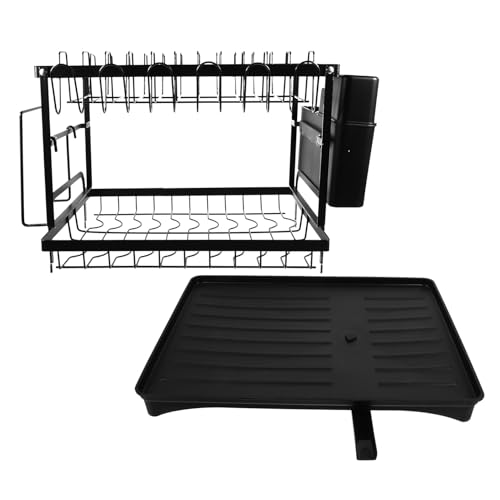 ULTECHNOVO Égouttoir Vaisselle Multifonction pour Cuisine Support Séchage Assiettes et Couverts avec Égouttoir Plateau Organiseur Compact pour Planche à Découper et Ustensiles Noir