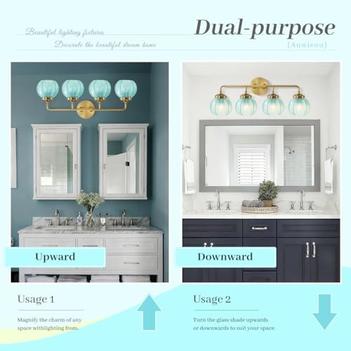 Image of 4 Light Glass Bathroom Lights Fixture Over Mirror, Gold Wall Sconce | Blue Glass Wall sconces Globe Vanity Light Mid Century Modern Hallway Bedroom Wall Lamp, 110V E26 Dimmable, Easy to install