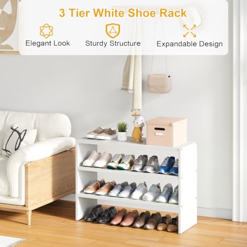 White Shoe Rack Organizer for Closet, 3-Tier Expandable Shoe Shelf, Stackable Iron Wood Combination Shoe Racks Shelves for Closets, Entryway,Small Space,Hallway,Garage,Holds 8-16 Pairs of Shoes by Cidaziya - Used condition - Image 2