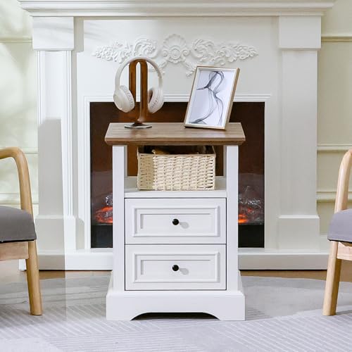 Image of Farmhouse Nightstands Set of 2 with Charging Station,White & Wood Tabletop | End Tables with 2 Drawers, Open Shelf, USB Ports, Metal Knobs, for Rustic Bedroom Bedside, Living Room, Dorm