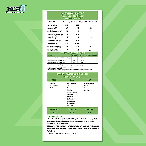 Image of XLR8 Whey Protein Powder with 24 g Protein Content & 5.4 g BCAA (907 g (Pack of 1), Milk Chocolate Fudge)