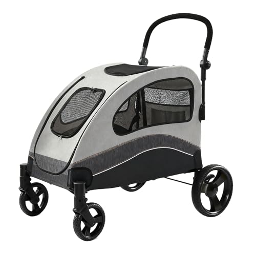 GrnArt ペットキャリー ファッション ペット用ベビーカー 中型 大型犬 多機能 飛び出し防止 ケア 移動式 アウトドア 便利 折りたたみ式 35kg 耐荷重 4輪 アウトドア用品 (グレー)