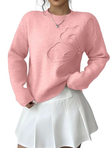 Image of Verdusa Women's Spring 3D Flower Appliques Crewneck Sweaters Long Sleeve Drop Shoulder Pullovers Knit Going Out Tops