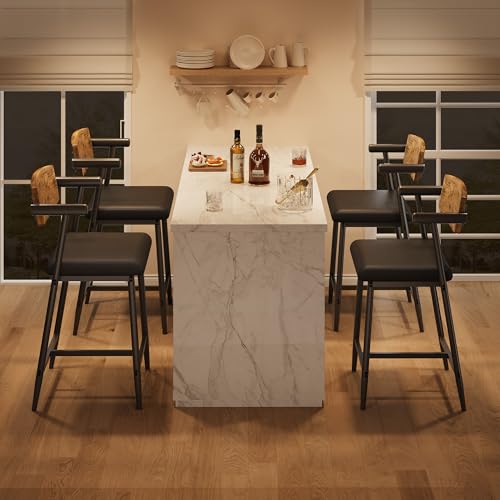 Image of GarveeHome Bar Stools Set of 8 with Arms, 26 inch Modern 8pcs Counter Height Metal Barstools Set with Wood Back & Footrest, Wider Seat, Sturdy Frame, for Counter Bar, Kitchen Island, Retro Brown