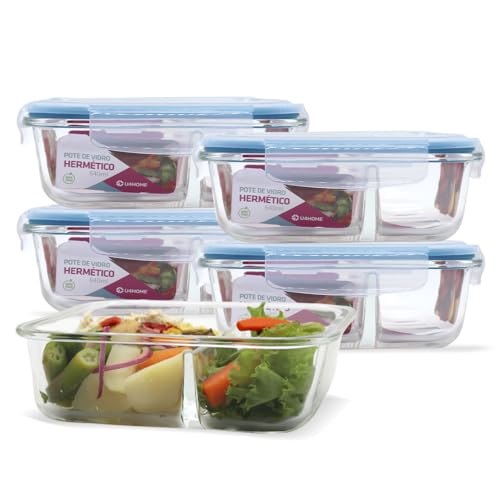 Kit 5 Pote de Vidro Retangular com Divisória 640ml Azul