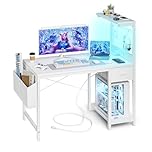 Grandder Gaming Desk 100cm with Power Outlet and LED Light, Computer Desk with Reversible Shelves and Storage Drawer, Pc Small Table for Home Office Table with Bag, Carbon Fiber White
