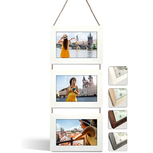 NEOWS Portafotos Múltiple Decorativo para Colgar en Pared   Marcos de Fotos Multiples de Madera Con Cuerda   Collage Portarretratos Colgante   Fotos 10x15 cm (Blanco Rasgado, 3 Fotos Horizontal)
