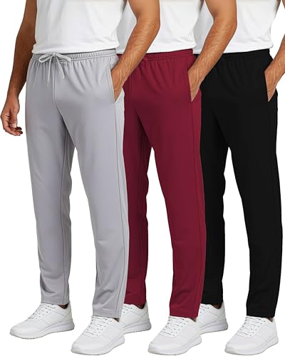 Real Essentials 3 Pack: Men's Active Athletic Casual Tricot Open Bottom Sweatpants with Pockets (Available in Big & Tall)