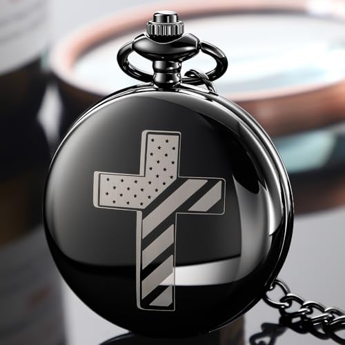 Tiong Bible Verse Pocket Watch Vintage Quartz Pocket Watches Cross American Flag Pattern with Chain Christmas Graduation Birthday Gifts Father's Day - Image 3