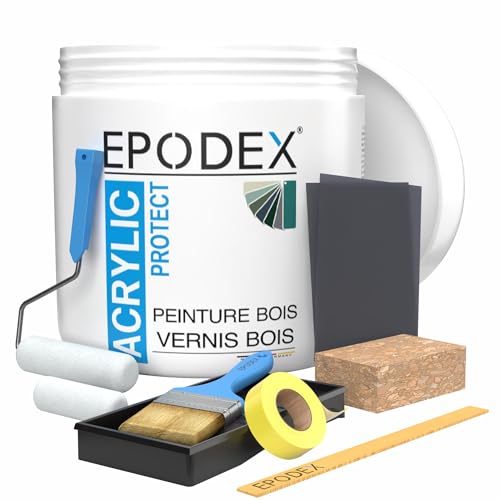 EPODEX ACRYLIC PROTECT avec accessoires, peinture meubles, portes & cuisine, pour bois, métal & plastique, intérieur & extérieur, à base d’eau – 1,1kg suffit pour 2 couches sur 7m²
