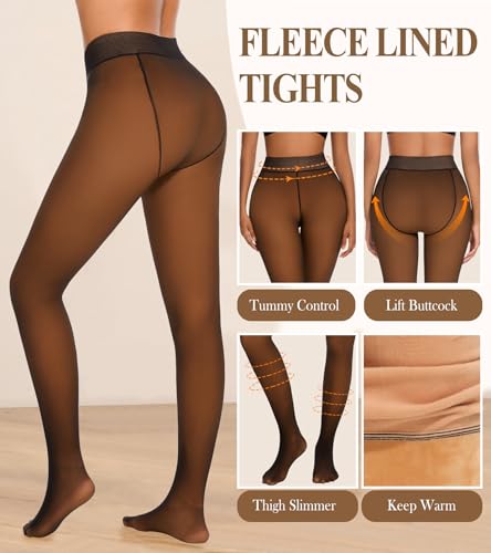 Fleece Lined Thermal Tights for Women, High Waist Tummy Control Fake Translucent Pantyhose, Fake Translucent Brown, Small3