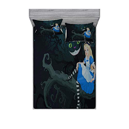 Ambesonne Alice in Wonderland Fitted Sheet & Pillow Sham Set, Alice Sitting on Branch and Chescire Cat in Darkness Cartoon Style, Decorative Printed 3 Piece Bedding Decor Set, Full, Dark Green