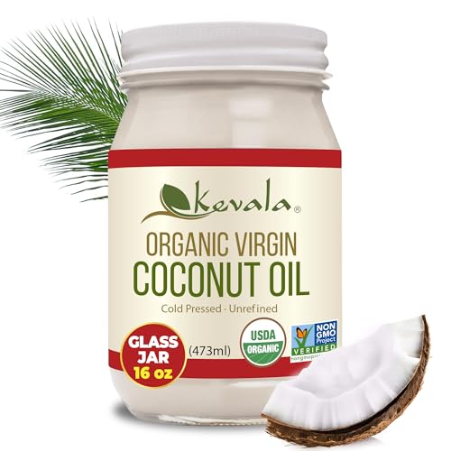 Kevala Organic Coconut Oil - Great for High-Heat Cooking and Baking at Home, Ideal for Oil Pulling Due to Its Antimicrobial Properties and Pleasant Taste, Easy Storage with a Glass Jar of 16 oz