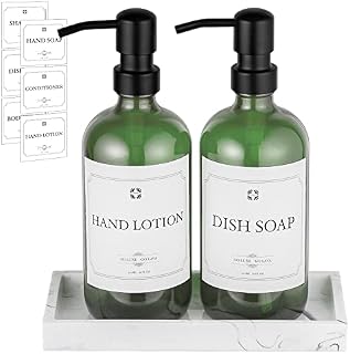 2 Pack Green Glass Soap Dispenser with Metal Pump and Tray, 500ML/16Oz Dripless Pump Bottle, Refillable Liquid Hand Jar Dispenser for Bathroom, Kitchen,Laundry Room with 6 Waterproof Labels