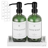 2 Stück grüner Glas-Seifenspender mit Metallpumpe und Tablett, 500 ml nachfüllbarer Handseifenspender für Bad und Küche mit 6 wasserfesten Etiketten für Spülmittel-Lotion-Shampoo