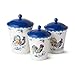 French Rooster Ceramic 3‑Piece CANISTER SET, farmhouse kitchen storage jars with rooster motifs and cobalt trim, perfect for coffee, sugar, flour, baking supplies