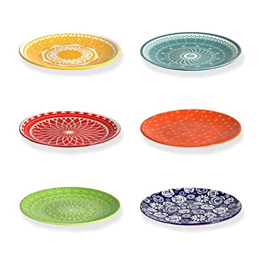 Annovero Small Mini Dessert Dinner Plates - Dinnerware Plate for Salad, Pie, Cake, Colorful Ceramic Stoneware Kitchen Dishes, White Porcelain with Designs, Microwave and Oven Safe, 6 Inch, Set of 6