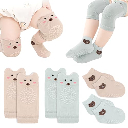 2 Pares Calcetines Antideslizantes Bebe y Rodilleras Bebe Gateo Calcetines Antideslizantes Niña y Niño 6-12 Meses