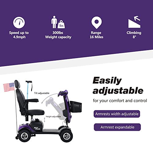 Metro Mobility - 2023 New 4 Wheel Outdoor Mobility Scooter - Adult Mobility Scooter 300 Lbs Foldable - Battery - 12V12Ah*2Pcs, Max Range 16 Miles (Purple) #TOP3