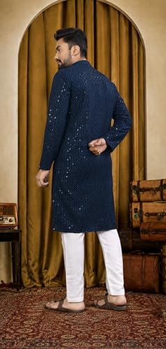 Image of Men's Lakhnawi Chikankari Kurta Set Cotton Ethnic Kurta Pajama for Men Wedding Festive Designer Indian Outfit Stylish Embroidered Kurta Set