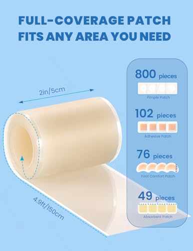Pimple Patch Hydrocolloid Roll, Cut-to-Size Suit Various Blemishes, Waterproof, Ultra Absorbent, Flexible, Clean & Easy to Use, Protects Picking, First Aid for Acne, Cuts & Blisters (2 in × 4.9 ft)