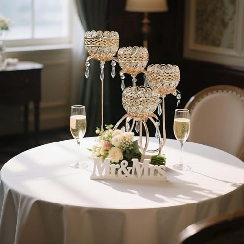 4 Arms Crystal Candelabra Tealight Holder - Tall 15.7 Inch Elegant Centerpiece with Crystal Pendant Bowls & Artistic Metal Stand for Wedding, Dining Table, Home Decor (1, Gold) by kehail - Image 4