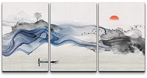 NWT Canvas Print Wall Art Set Blue & Dark Smoke Over Fisherman & Red Sun Abstract Wilderness Illustrations Modern Art Chic Cool for Living Room, Bedroom, Office - 24"x36" x 3