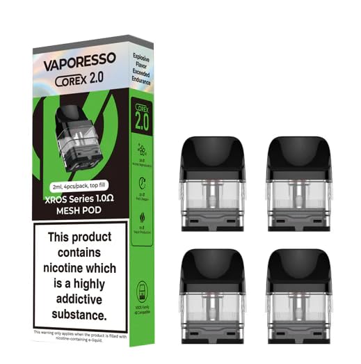 Xros Series Pods Corex 2.0 Pods compatible with XROS 4, 4 Mini, Xros 3 Nano 3 Mini 3 and 2 kits MTL 2ML - No Nicotine Compatible with Vaporesso - Vape Starter Kit - No Nicotine (1.0ohm - Pack of 4)