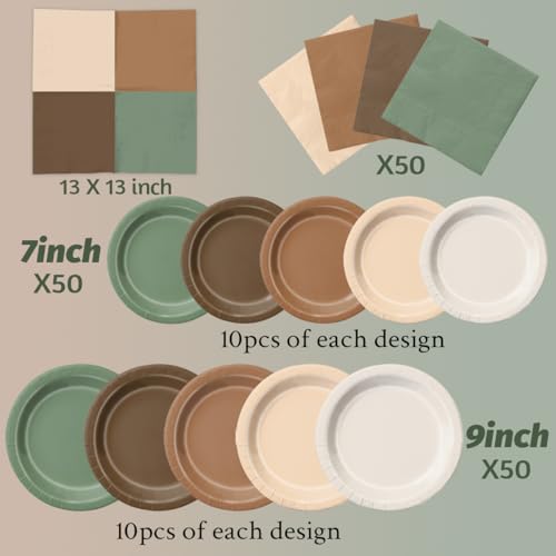 Image of CMUSKO Woodland Baby Shower Decorations - 150pcs Brown Sage Green Forest Animal Theme Plates & Napkins Kit Serves 50- Safari Party Supplies for Birthday, Baby Shower Neutral