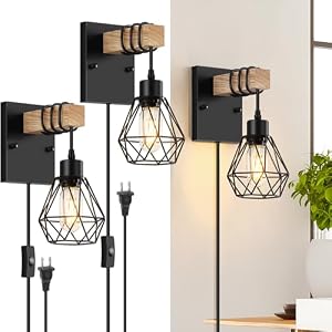 Plug in Wall Sconces Set of Two, Vintage Wood Wall Lamps with Plug in Cord, Farmhouse Wall Light Fixture with 5.25FT On/Off Switch Cord, Indoor Wall Lamp for Bedroom Living Room