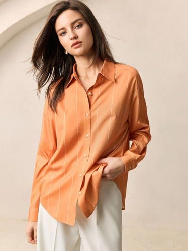 Image of Aahwan Orange Solid Button Up Drop Shoulder Striped Print Casual Formal Long Sleeve Shirt for Women's & Girl's