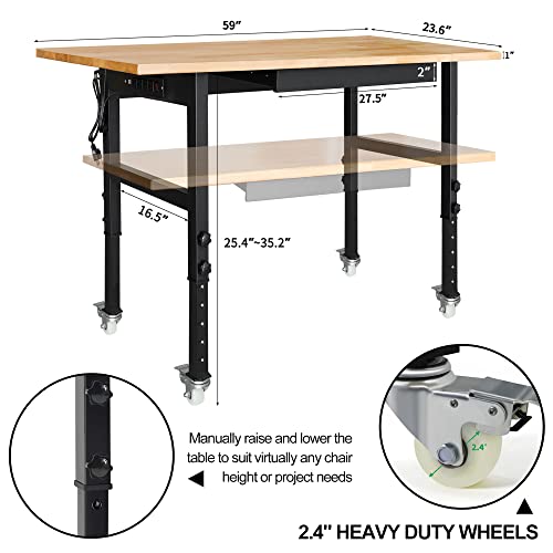 59" Bamboo Wood Garage Workbench W/Power Outlets & Drawer,Adjustable Height 25.4"-35.2",Multifunctional Workstation On Wheels 2000 Lbs Commercial Steel Work Tool Table Work Bench For Home Office #TOP1