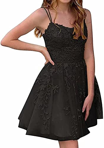Spaghetti Straps Lace Appliques Homecoming Dresses Short Prom Dresses for Teens Tulle Mini Cocktail Sweet 16 Dress Black
