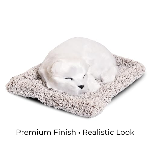 Image of Premium Sleeping Puppy Decor Plush with Mat | Realistic Soft Fur Dog Showpiece for Home, Office & Car Dashboard | Pet Lover Aesthetic Gift (25 x 19 x 7.5 cm) (Snow Dog)