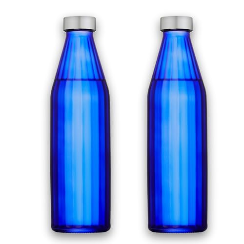 Image of SAND DUNE Navy BlueColour Glass water bottle, 800 ml Each, Set of 2, with Leak-Proof Airtight Stainless-Steel Lid for Water, Smoothie, Juices - Reusable Travel Glass Drinking Fridge Bottles
