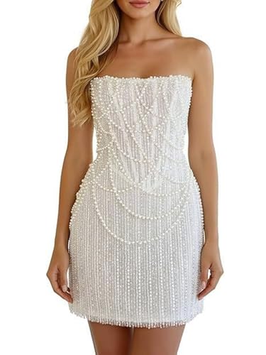 Aevomsyn Pearl Sequins Wedding Dress Short Sparkly Strapless Bodycon Mini Bridal Gowns for Bride White Size 10