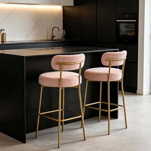 DYHOME Bar Stools Set of 2 Pink Boucle Upholstered Counter Height Bar Stools 24 inch Barsrtools with Curved Back Metal Legs Mid-Century Modern Bar Chairs for Kitchen Island Dining Room