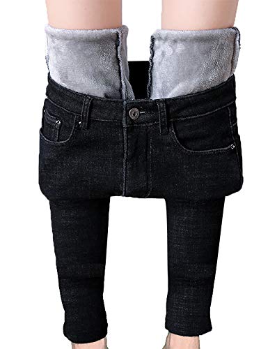 Yoisdtxc Jeans d'hiver doublés en polaire de couleur unie pour femme - Taille haute - Poche - Coupe ajustée - Pantalon épais et chaud, a-noir, XS