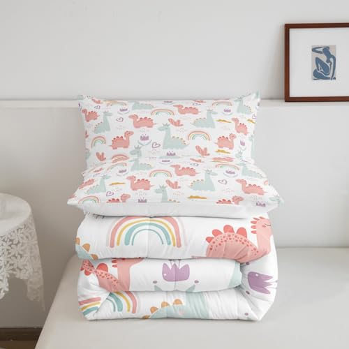 Image of Feelyou Cartoon Dino Comforter Set Full, Pink Green Dinosaur Comforter Cute Jungle Dino Comforter Set for Kids Boys Girls Cute Rainbow Duvet Set Microfiber Quilt Set