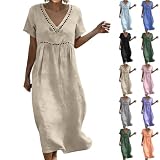 YBING STRANDKLEID DAMEN BAUMWOLLE LEINEN SOMMERKLEID LEICHT LEINENKLEID KURZARM FREIZEITKLEID LOCKER SOMMERKLEIDER MAXIKLEID ELEGANT V AUSSCHNITT KLEID ATMUNGSAKTIV DAMENKLEID STRANDKLEIDER