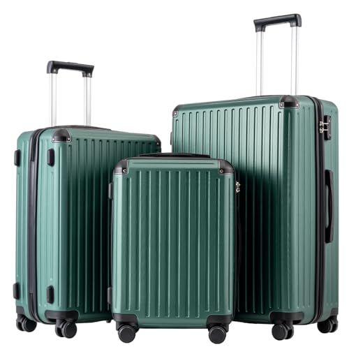 COOLIFE 3-Piece Suitcase Set 28+24+20 Inch – Hardshell Trolley Lightweight ABS+PC Luggage with 360° Silent Wheels & TSA Lock, Telescopic Handle for Family Travel, Overseas Travel, Dark Green
