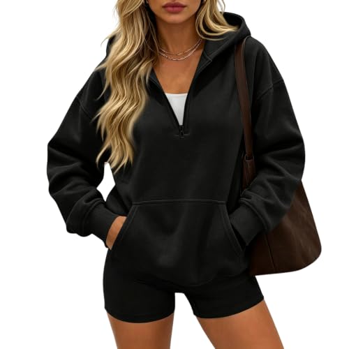 Quarter Zip Up Hoodies for Women Oversized Sweatshirts,01-Black M