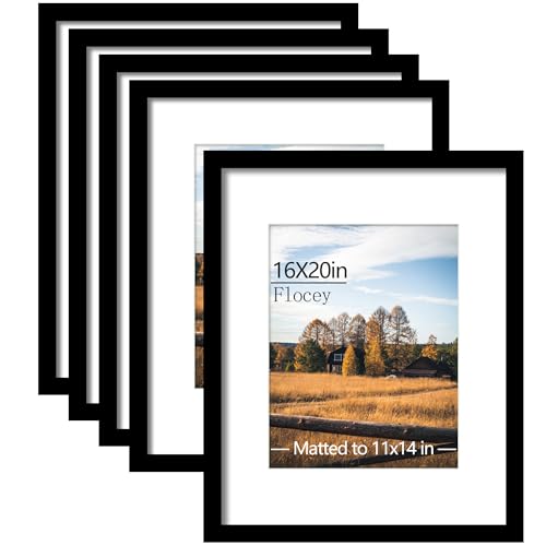 16x20 Picture Frame 5 Pack, Black Poster Frame, Display Pictures 11 x 14 with Mat or 16 x 20 Without Mat for Horizontal or Vertical Wall Mounting, Wall Gallery Frame for Artwork Certificate