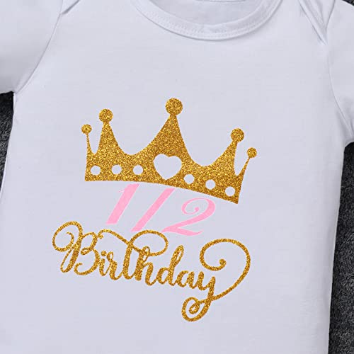 Idopip My 1/2 1St Birthday Outfit Baby Girls Shiny Crown Romper + Ruffle Tulle Skirt + Sequins Crown Headband Glitter Party Dress Clothes For Cake Smash Photo Prop Pink - 1/2 Birthday 3-6 Months #TOP4