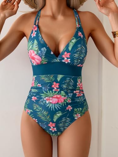 Image of Aidonger Women's One Piece Color Block Swimsuit Tummy Control Slimming Bathing Suit V Neck Cutout High Waisted Swimwear