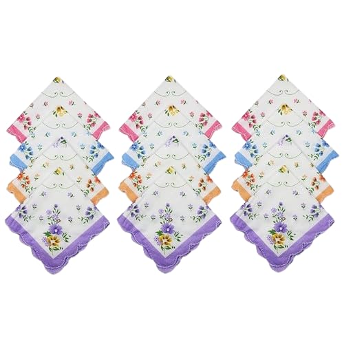 BARBUDDY 12 Pieces Large Size 13X12 Inches Cotton Flower Printed White Hankies Women Ladies Handkerchief-image-7