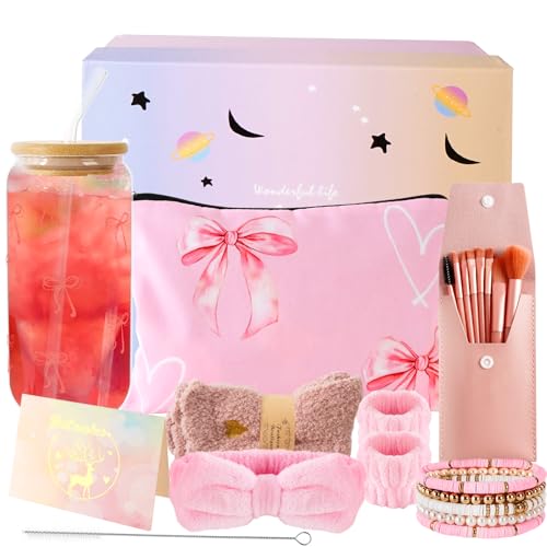 SUPRBIRD Regalos para niñas adolescentes de 9 a 16 años, regalo de cumpleaños para niñas, vaso de cristal, vaso con pajita y tapa, pincel de maquillaje, neceser de maquillaje, pulsera, calcetines