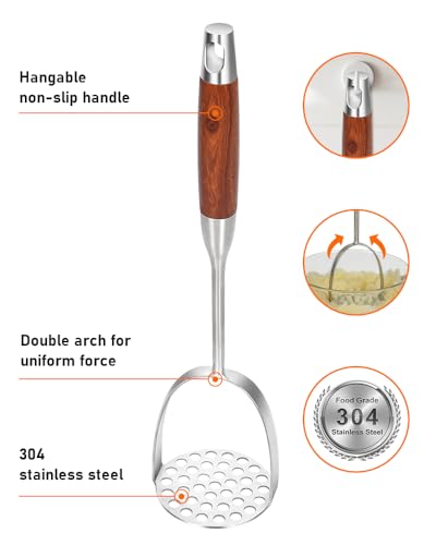 Brigii Potato Masher with Non-Slip Wooden Handle, Dual Arc for Easy, Labor-Saving Mashing, 304 Stainless Steel, Sturdy and Durable One-Piece Potato Press, Dishwasher Safe, for Potatoes and More