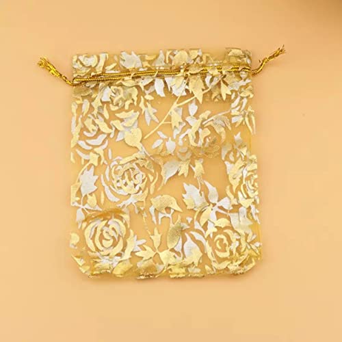 Image of Beingelegant - (10 cm X 15 Cm) (100 pcs) Gold Colour Potli Bags for Return Gift, For Wedding Party Favor Printed Gift Bags I Re Usable Net Pouch
