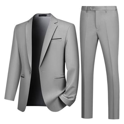 Autsel Anzug Herren Slim Fit Anzüge 2 Teilig Business Herrenanzug Hochzeit Sakko Hose Hellgrau L